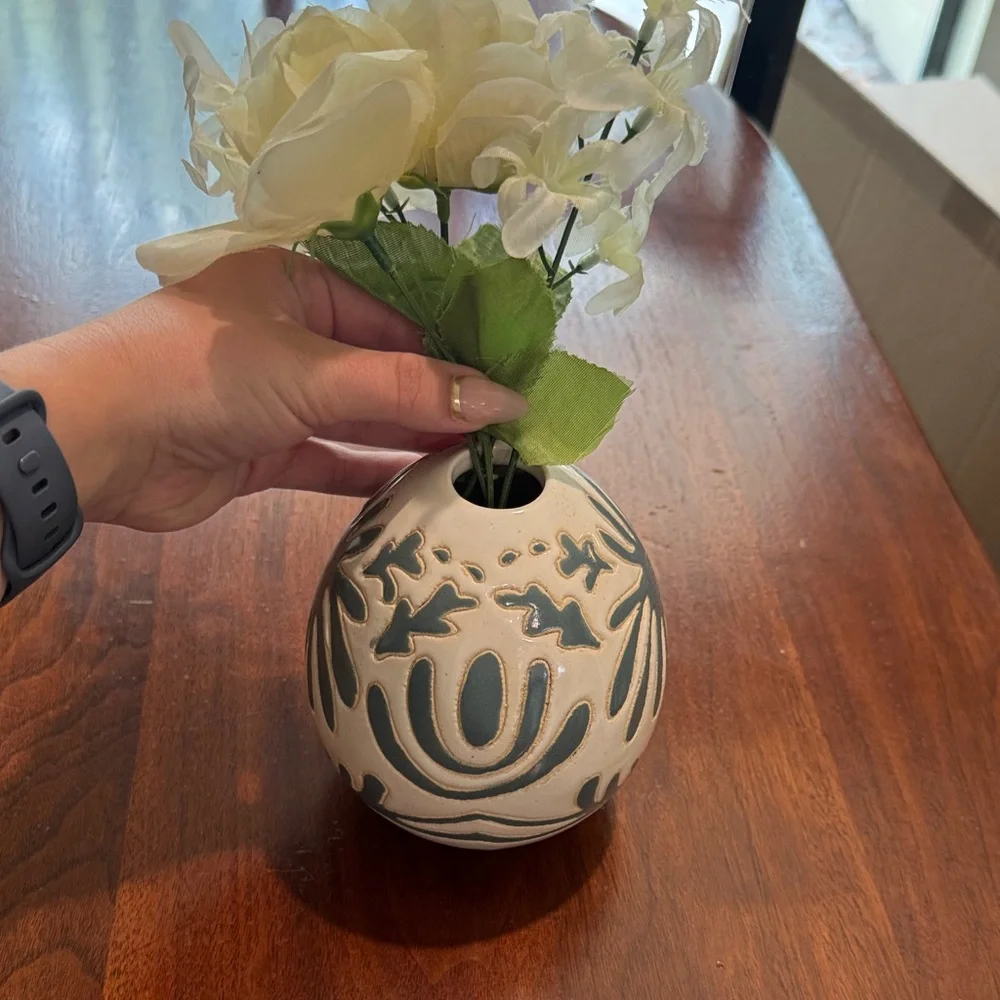Abstract Ceramic Vase with Blue Accents